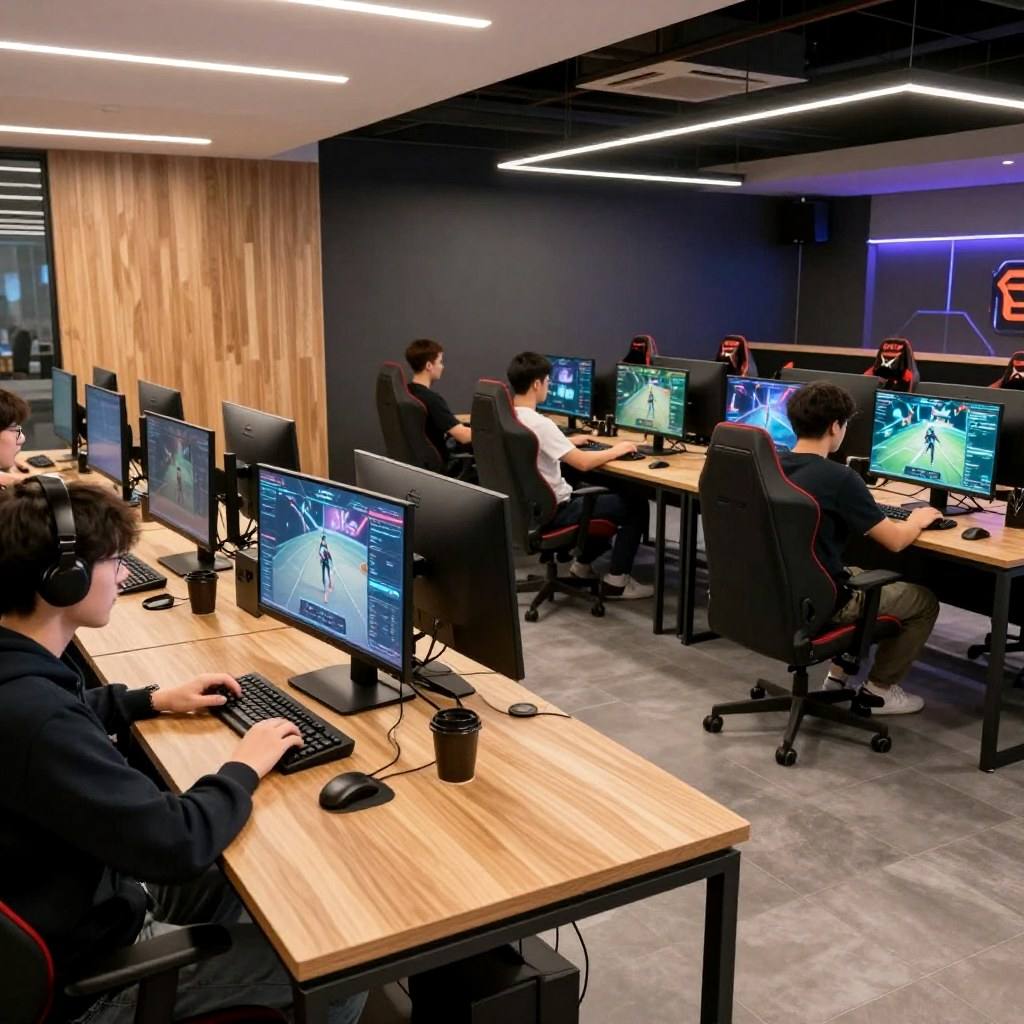 Player seated side-on at a dark wood desk with a dual-monitor gaming setup