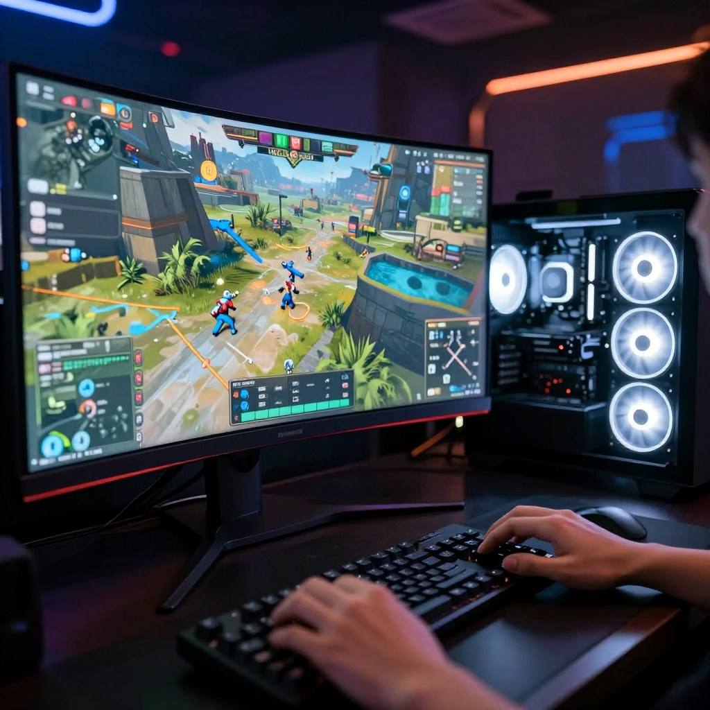 Close-up of a hand on a mouse in front of a dual-monitor gaming station