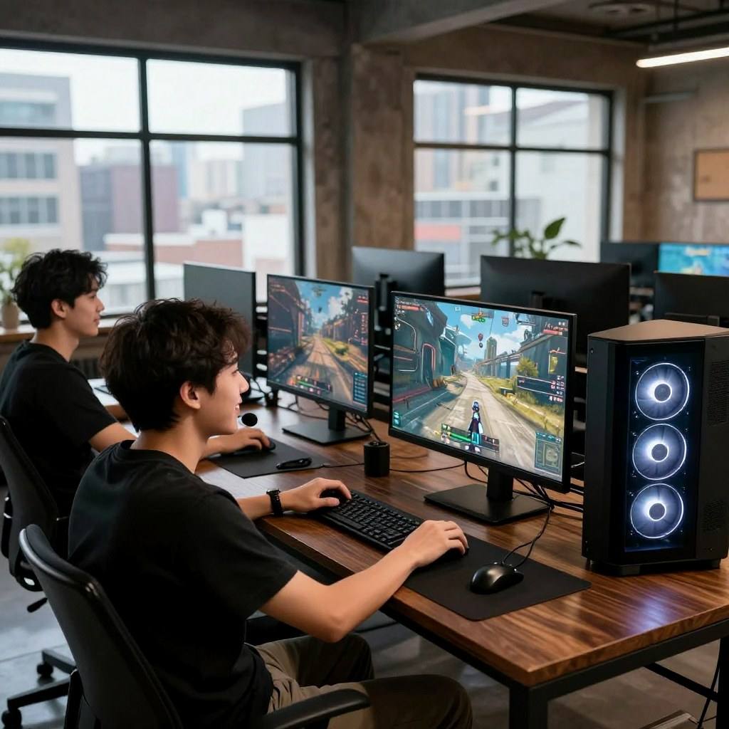 Close-up of hands on a mechanical keyboard in front of a gameplay monitor