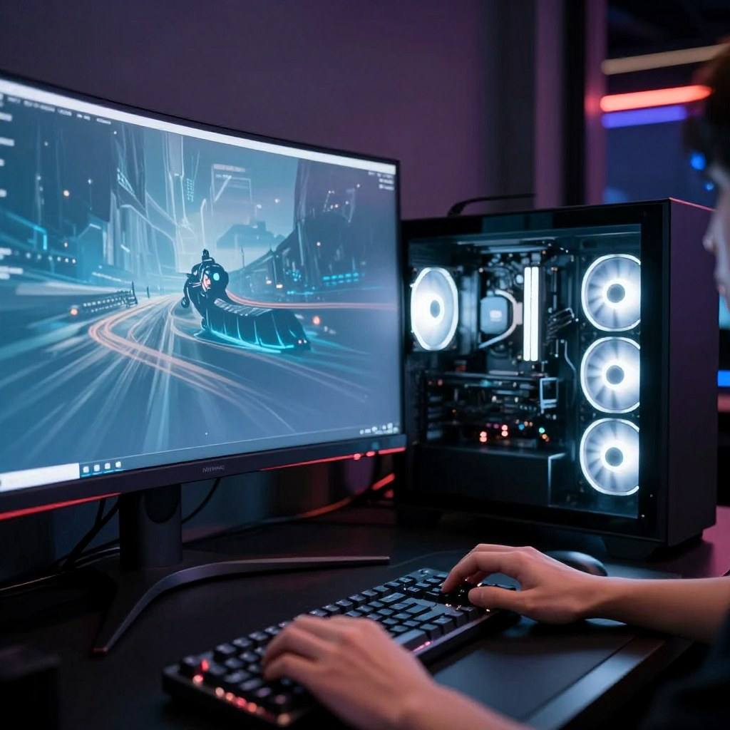 Close-up of a hand on a mouse with a blue gameplay scene on the monitor