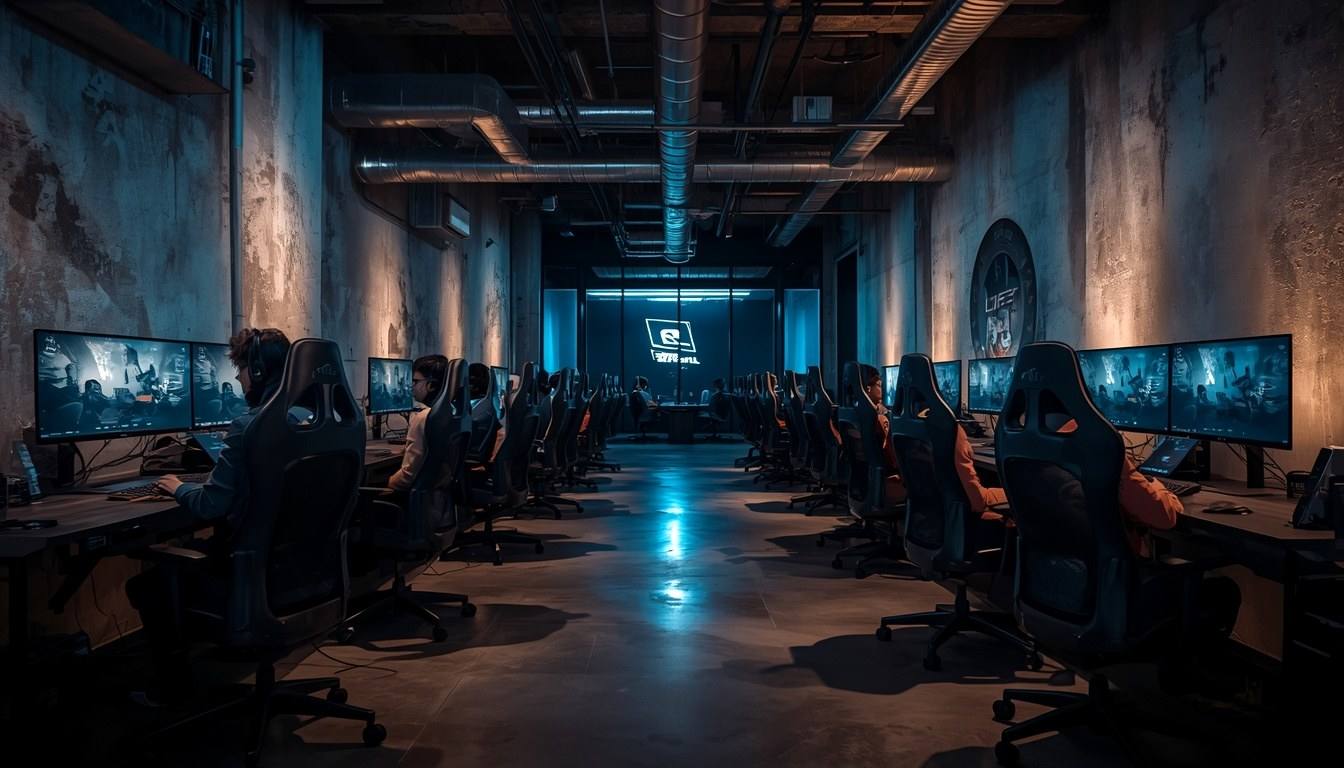 Dim industrial-chic club with rows of black desks and blue-lit dual monitors on exposed concrete